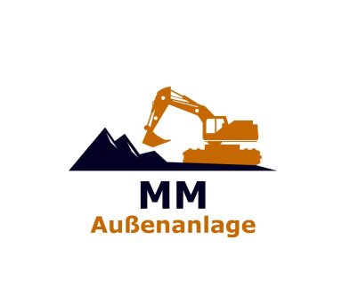 Logo mit einem Bagger, der vor Bergen und dem Text "MM Außenanlage" steht.